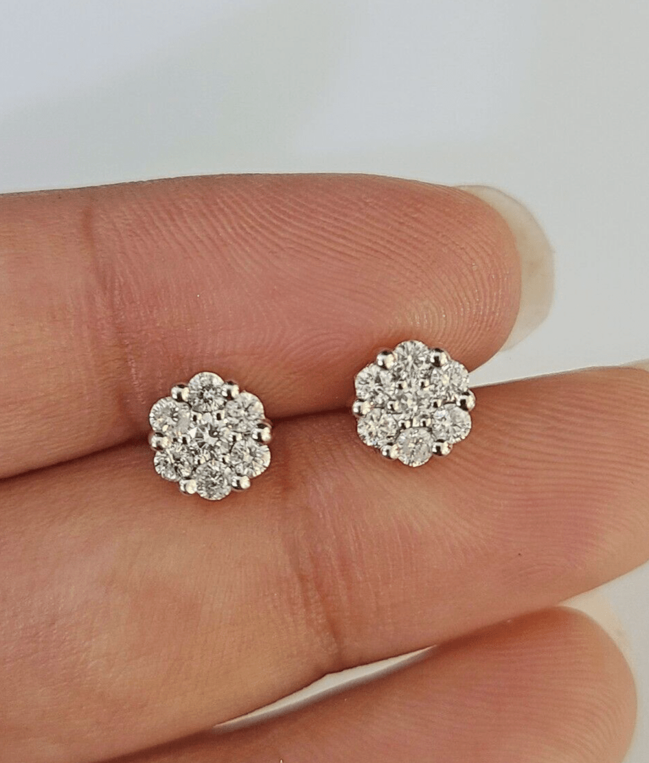 14k Diamond Flower Earrings Yellow gold Real Screw - Back Women Men Studs - GoldenlinQ
